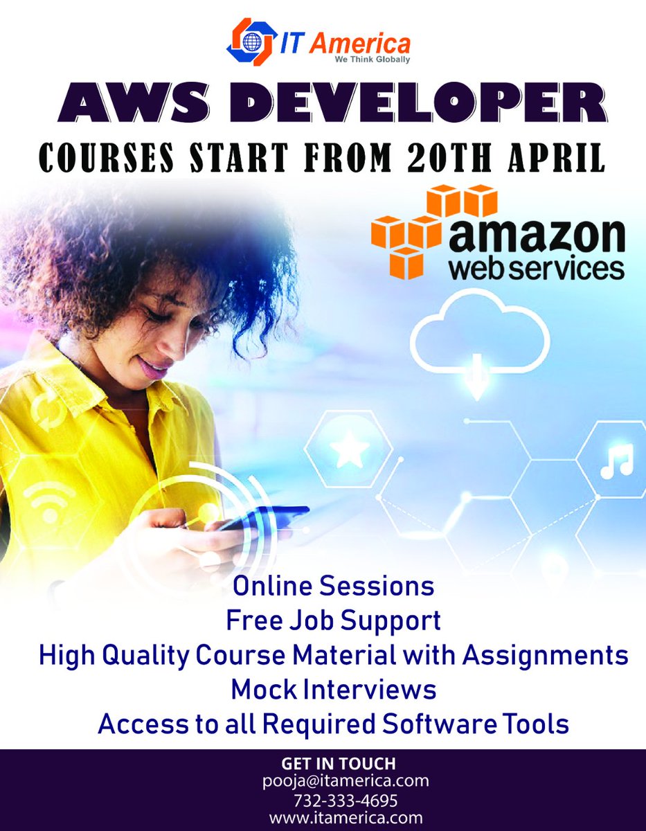 ITAmericaInc's tweet image. Are you planning for #AWSDevelopment? Join IT America #onlinesession on #AWSDeveloper, Free Job Support etc.
Call: pooja@itamerica.com/732-333-4695
Contact to @ITAmericaInc
itamerica.com
#AWS #ITJobs #ITStaffing #ITTraining #AWSJobs #CareerSupport #ITA #ITAmerica