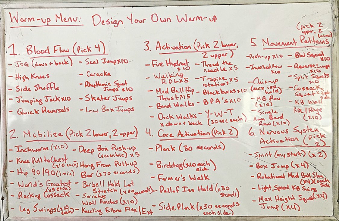 Challenger_ST's tweet image. The “warm-up menu,” I made for the facility last year that our athletes utilize

Figured this is a great time to repost to help athletes at home

1. 🩸Blood flow
2. Mobilize
3. Activate
4. Core Activation
5. Movement Patterns
6. CNS Heightening

(10 min)

RT to help an athlete