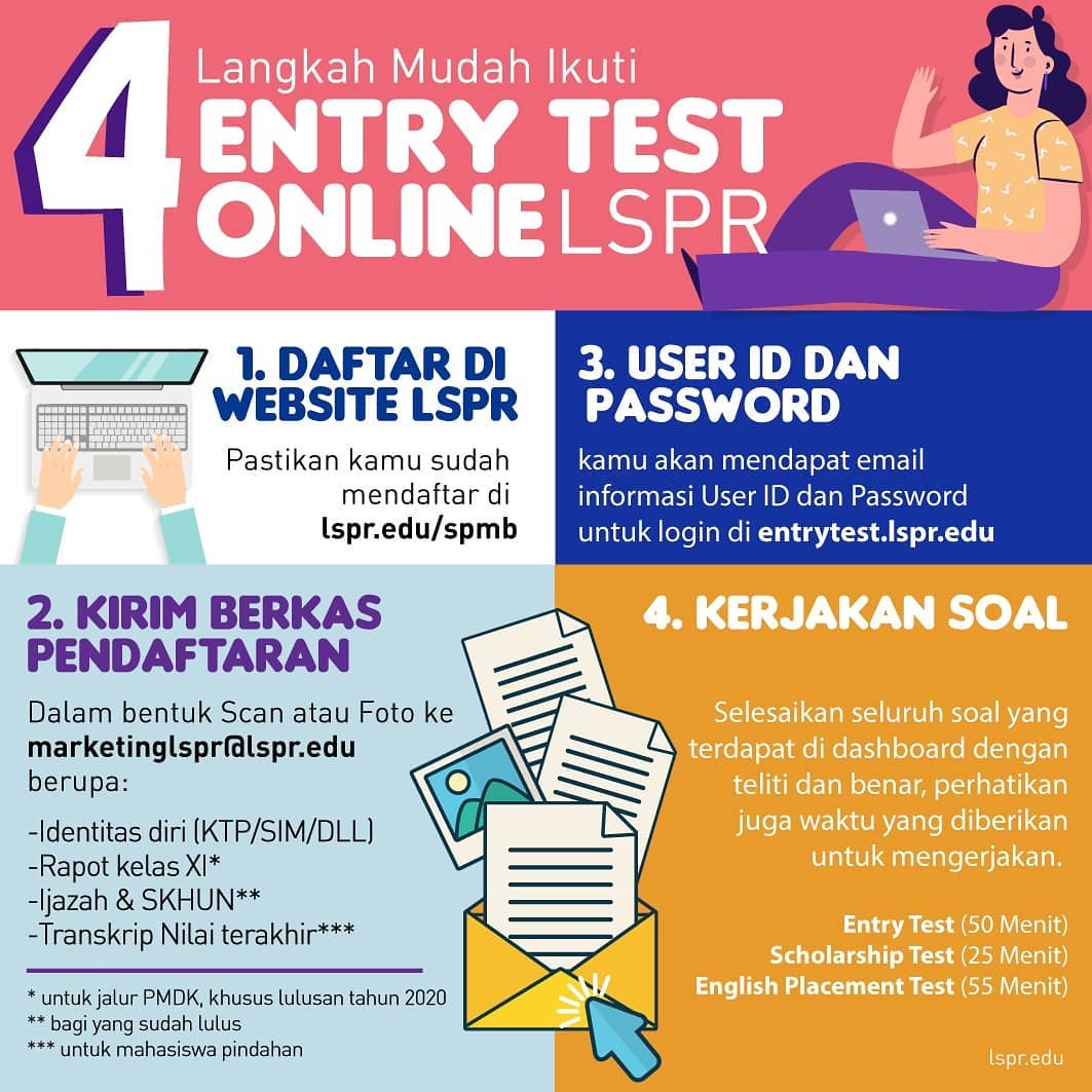 lspr_official's tweet photo. Hi Future Londoners!
Selagi #dirumahaja, kamu tetap bisa Entry Test Online dgn cara yg mudah. Yuk simak 4 Langkah mudah buat kamu ikut Entry Test Online berikut! 

We Work From Campus,
you do the Test From Home! 😃

More info: 021 2512277

#JoinLSPR #LSPRJakarta #LSPRBekasi https://t.co/KQMbxPCEB6