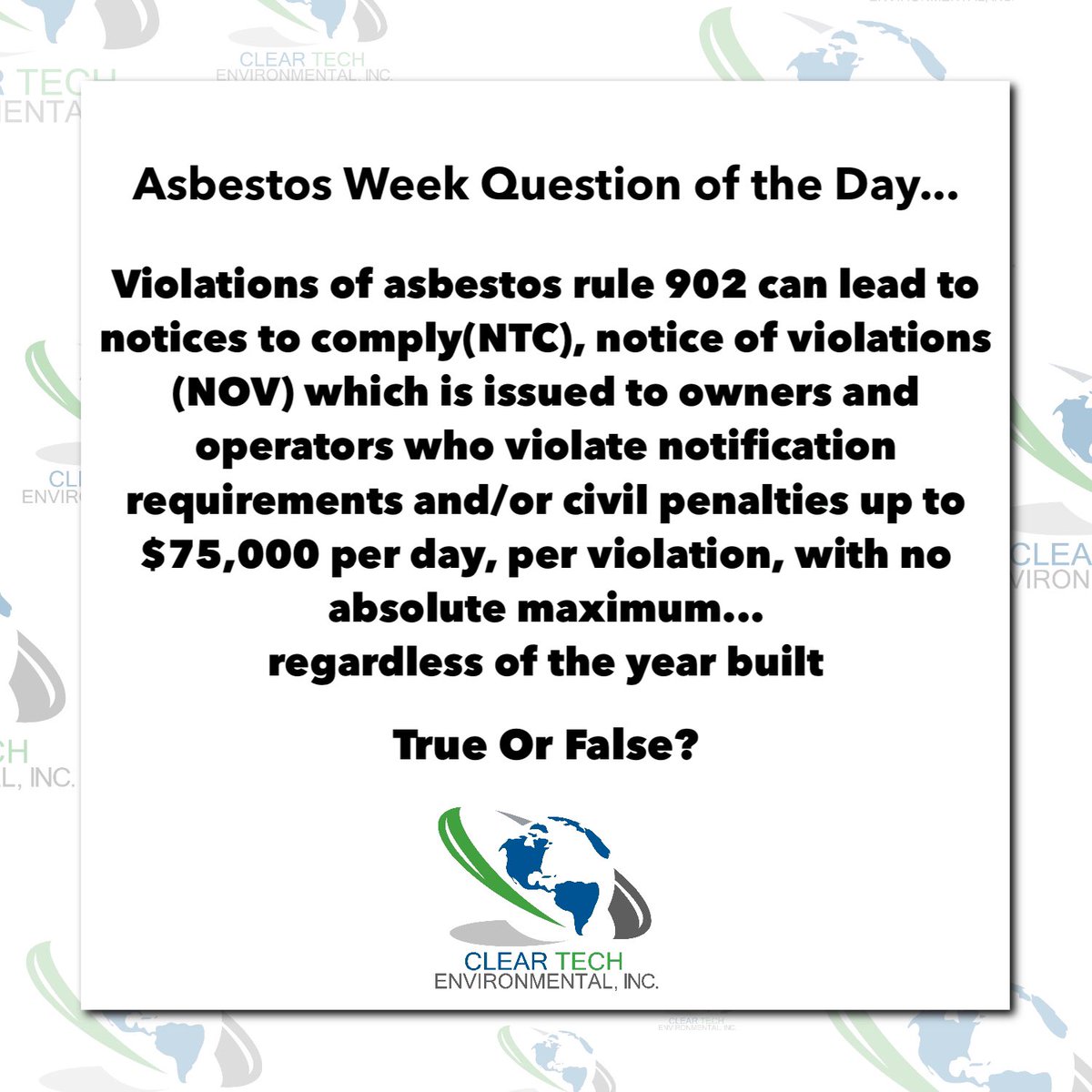 ClearTechEnv's tweet image. 7 days of asbestos trivia questions for a chance to win $100 Visa gift card. You’ll earn 1 entry into our drawing for every right answer and quadruple your chances by playing on LinkedIn, Facebook, Twitter and Instagram. Share this post on your timeline for extra credit.
