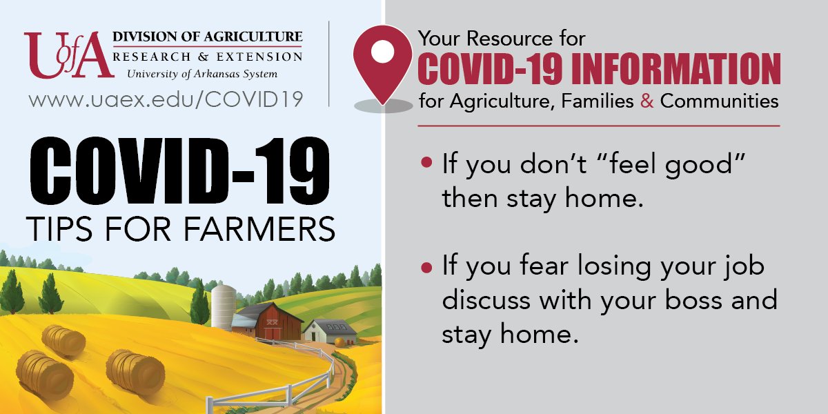 Chris Grimes (@ar_craigheadcea) on Twitter photo Feeling under the weather? Do everyone a favor, and stay home! Be smart, rest up, and help reduce the spread of #COVID19. We’re #StillOnTheJob, and we need you to be, too! Learn more at uaex.edu/covid19. <a href="/AginArk/">UA System Div of Ag</a> @UAEX_edu Feeling under the weather? Do everyone a favor, and stay home! Be smart, rest up, and help reduce the spread of #COVID19. We’re #StillOnTheJob, and we need you to be, too! Learn more at uaex.edu/covid19. <a href="/AginArk/">UA System Div of Ag</a> @UAEX_edu