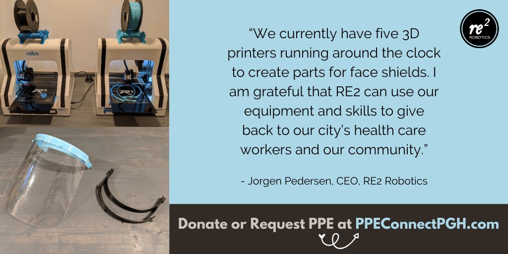 re2robotics's tweet photo. RE2 has begun to fabricate #faceshields for local clinics in collaboration with #PPEConnectPGH & its coalition of universities & manufacturers. The goal is to help #healthcare workers on the front line in the fight against #COVID19 to locate #PPE. Details: https://t.co/zcKUQAK9Nq https://t.co/Vst8PN8haG