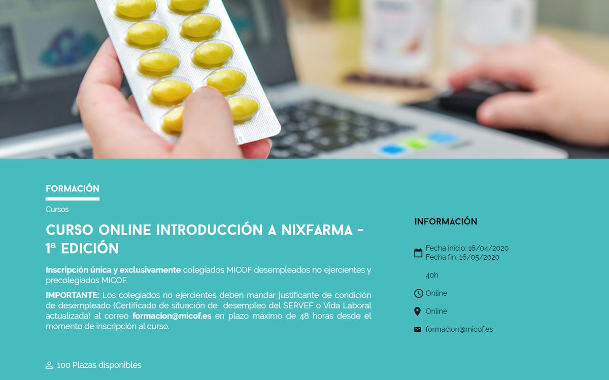micofvlc's tweet photo. Lo bueno del confinamiento es que puedes aprovechar para formarte. ¿Qué te parece un curso online gratuito de #Nixfarma? ¡No esperes más e infórmate! ¡Empezamos la semana que viene!
👉 https://t.co/Yy2MpQnMvw #FormacionMICOF #yomequedoencasa https://t.co/9mJAROg49G