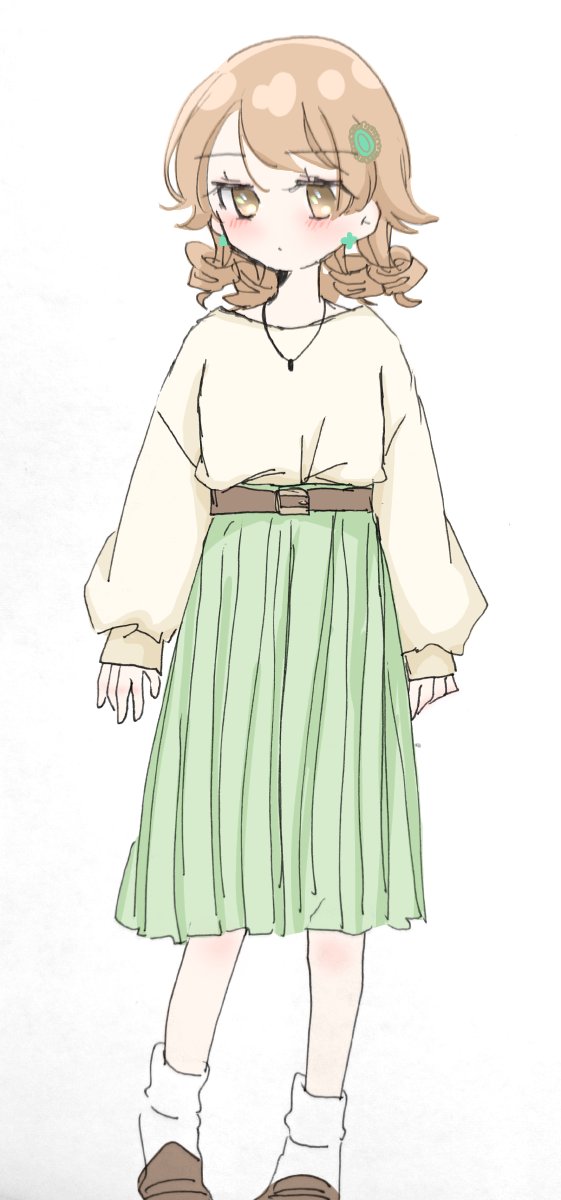 morikubo nono 1girl skirt solo jewelry earrings green skirt socks  illustration images