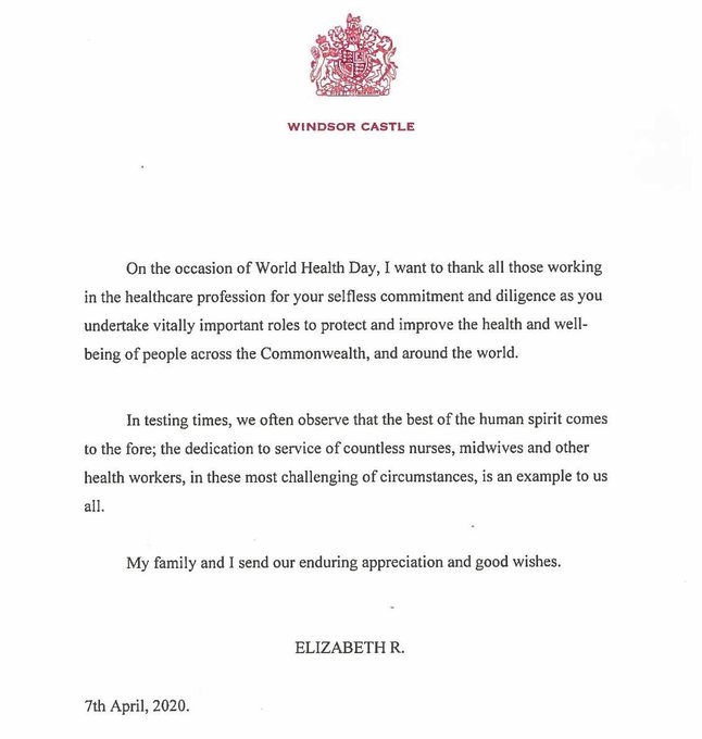 MidwivesRCM's tweet photo. HRH The Queen has published a letter praising midwives, nurses and other health workers for their dedication, to mark World Health Day.

#WorldHealthDay #SupportNursesandMidwives #Midwives2020 https://t.co/p0l8sjydj1