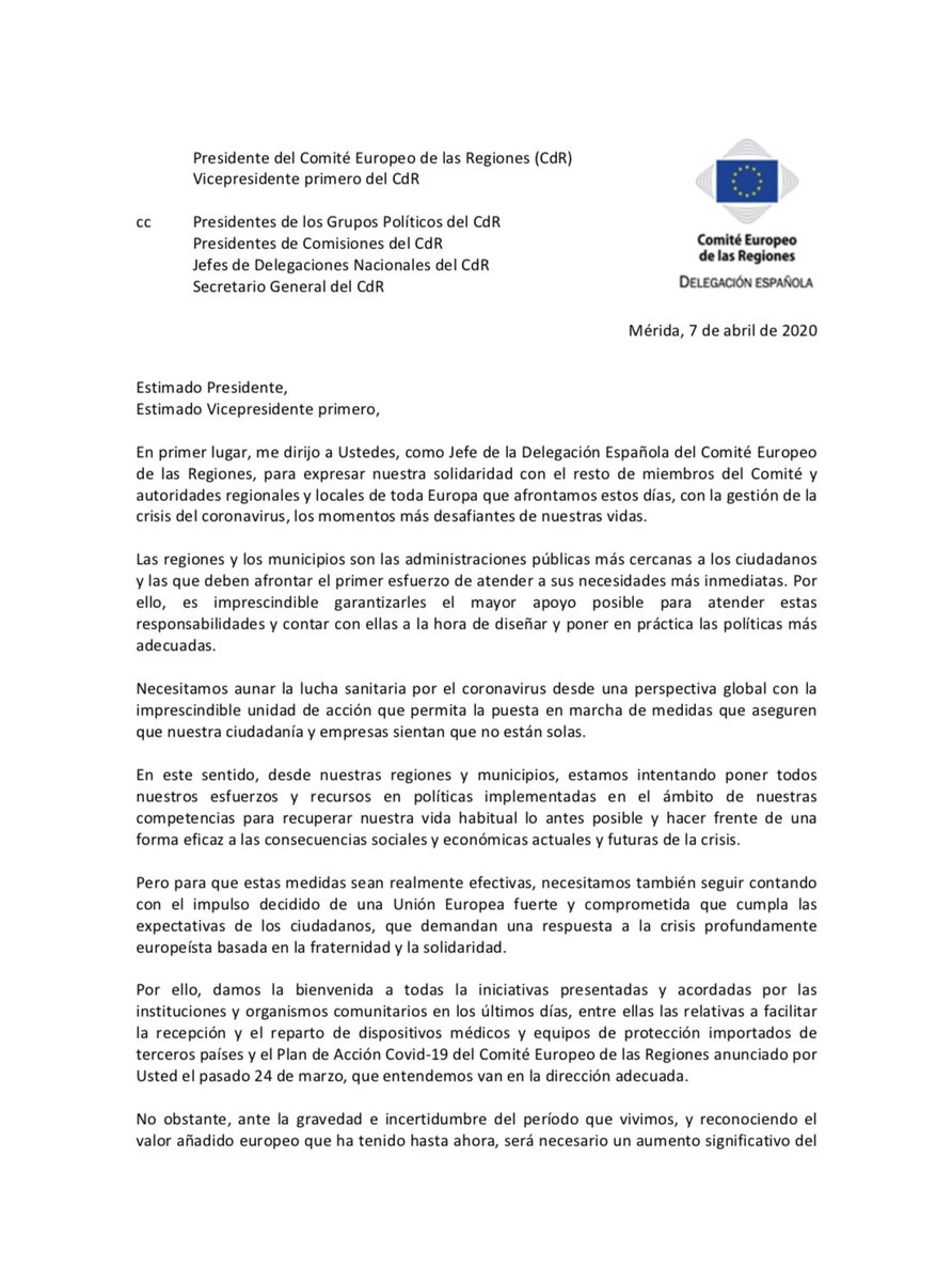 JuntaEx_Europa's tweet photo. ¿Qué le pedimos todas las #CCAA al presidente del CdR @EU_CoR 🇪🇺 en este momento?
Aquí os dejamos la carta que le ha enviado esta mañana la DEL ES🇪🇸 (presidida por el presidente de @Junta_Ex  @GFVara) #UnaventanaaEuropa https://t.co/25rASRY0iv