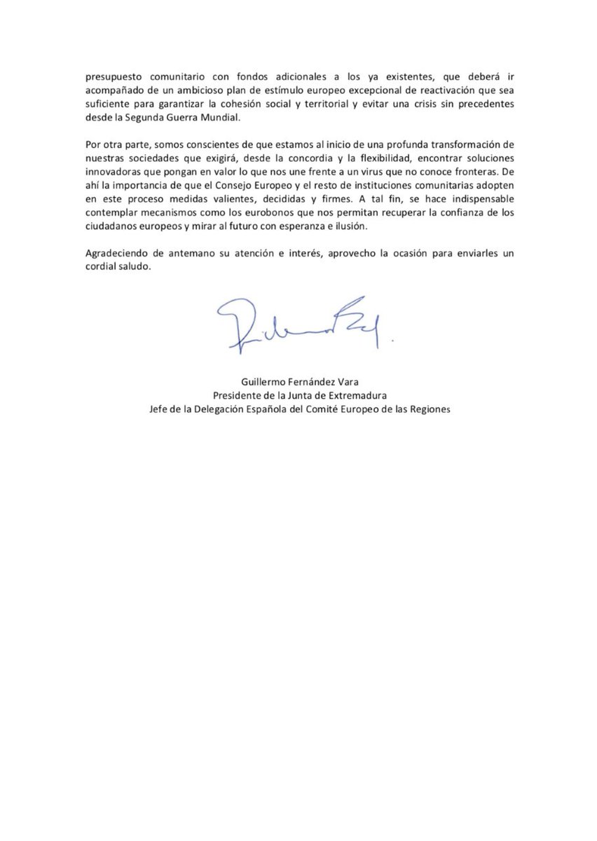 ¿Qué le pedimos todas las #CCAA al presidente del CdR <a href="/EU_CoR/">European Committee of the Regions</a> 🇪🇺 en este momento?
Aquí os dejamos la carta que le ha enviado esta mañana la DEL ES🇪🇸 (presidida por el presidente de <a href="/Junta_Ex/">Junta de Extremadura</a>  <a href="/GFVara/">Guillermo Fdez Vara</a>) #UnaventanaaEuropa