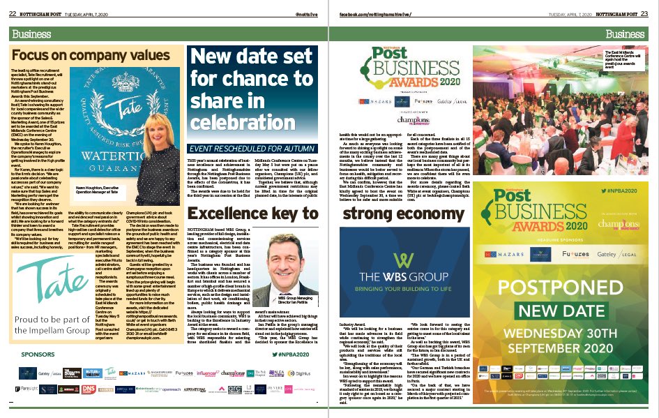 This weeks coverage in the Nottingham Post features interviews from <a href="/thinktate/">Tate</a> and @TheWBSGroup as well as a special piece on the postponement of the awards!
View all of the coverage at nottinghampostbusinessawards.co.uk #NPBA2020