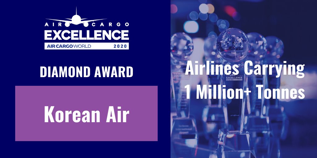 The Diamond award for airlines carrying 1 million+ tonnes goes to Korean Air! Congratulations <a href="/KoreanAir_KE/">Korean Air</a>! #ACEAwards20