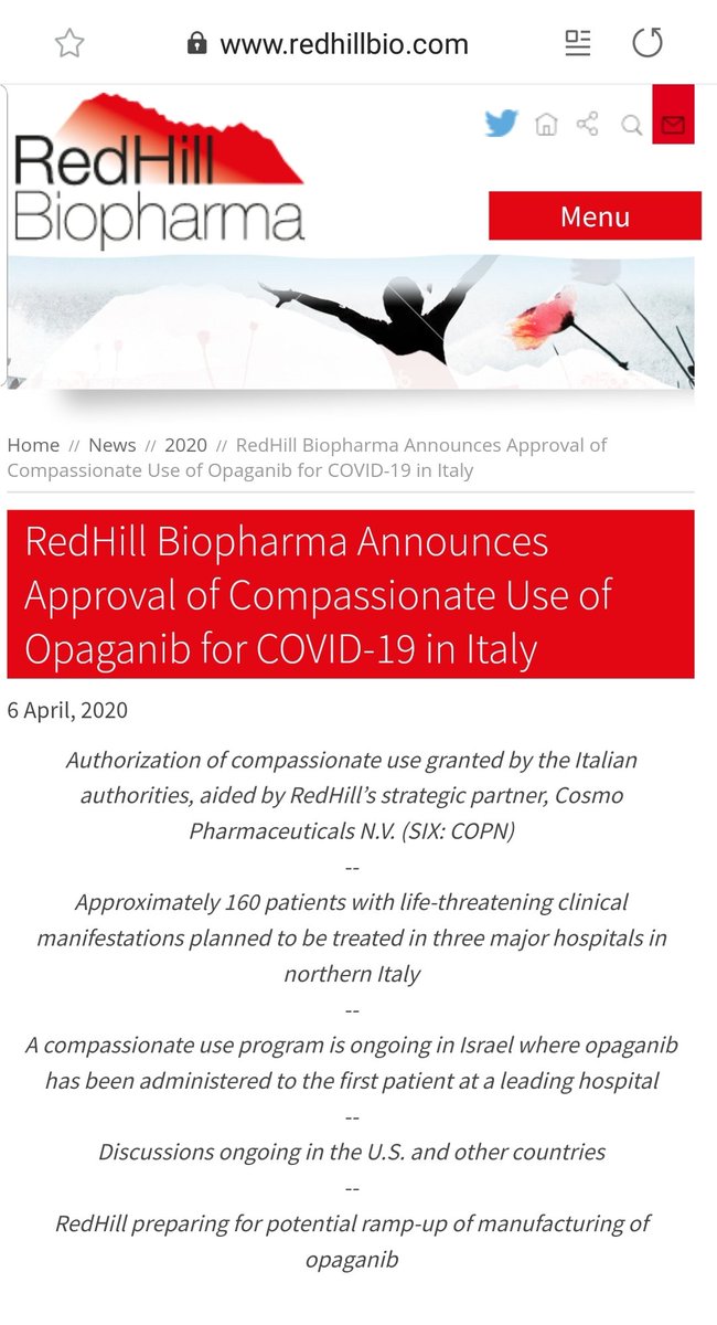 شركة ريدهيل  @RedHillBioتعطي اول جرعة من دوائها أوباجانيب لمريض كوفيد-١٩ في تل أبيب https://www.redhillbio.com/RedHill/Templates/showpage.asp?DBID=1&LNGID=1&TMID=178&FID=2432&PID=0&IID=15255الشركة تلقت موافقة من ايطاليا لتجربة دوائها على~160مريض كوفيد-١٩ https://www.redhillbio.com/RedHill/Templates/showpage.asp?DBID=1&LNGID=1&TMID=178&FID=2432&PID=0&IID=15256الدواء الاول من نوعه، يثبّط انزيمSK2 وبالتالي -قد- يوقف تكاثر الفيروس(56)