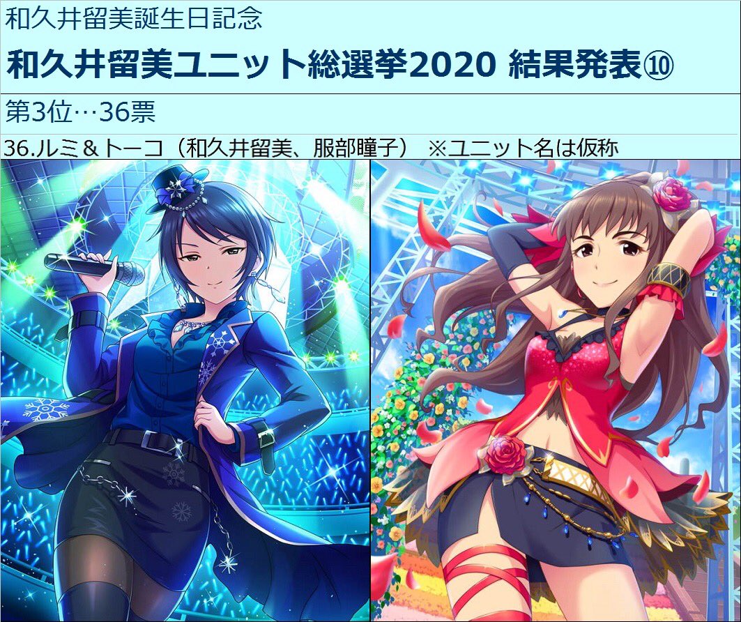 和久井留美総選挙 結果発表 和久井留美誕生日 記念 和久井留美ユニット総選挙 エレガントインモラリスト と同率で3位の2ユニット目は 仮称 ルミ トーコ でした マジカル ルミ トーコ の主役コンビユニット まだ非公式ユニット