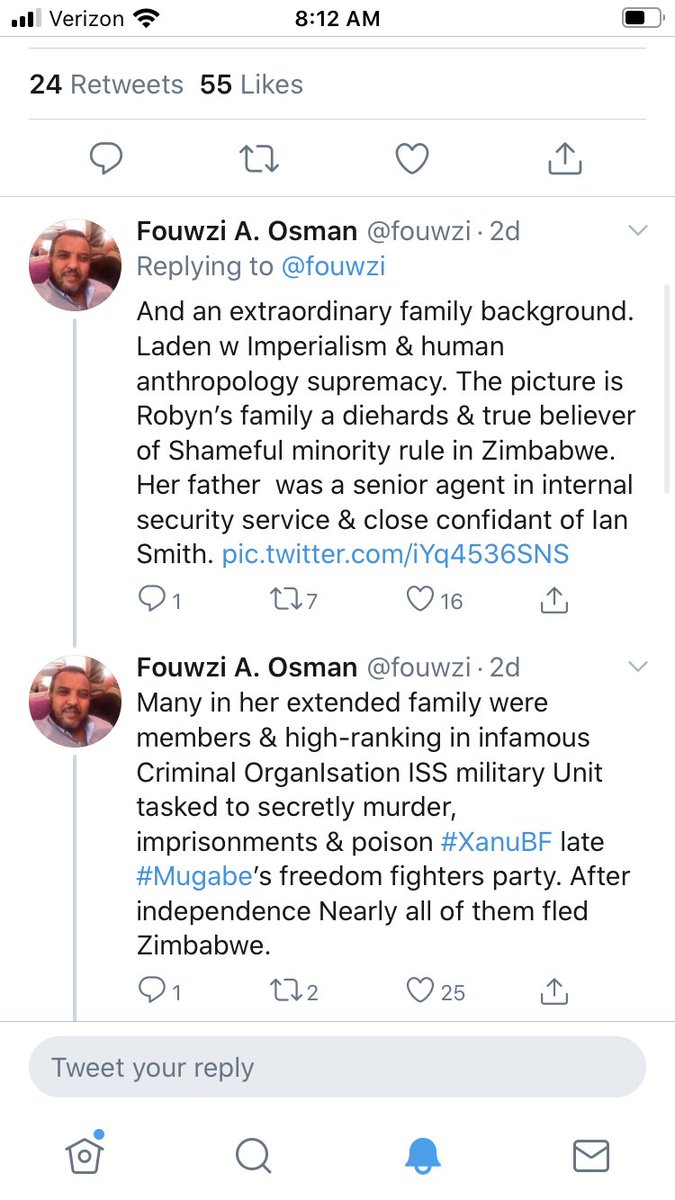“Many in my family were blah blah “(read spurious tweet below)? My family are full of computer engineers, journalists, mechanical engineers, teachers, personal trainers and businessmen. And US govt employees. Also what is XanuPF? And no one fled Zim. ISS security unit?