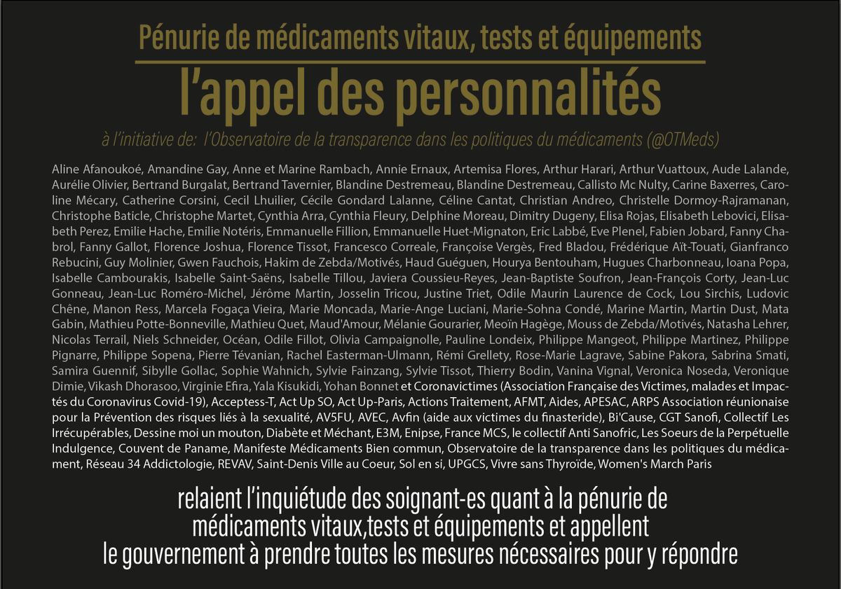 OTMeds's tweet photo. 155 personnalités & organisations,dont Annie Ernaux, Cynthia Fleury, Vikash Dhorasoo,Virginie Efira, Niels Schneider, relaient l’inquiétude des soignant-es quant à la pénurie de médicaments, tests, équipements & appellent le gouvernement à prendre des mesures d'urgence⏬ https://t.co/BKmrhhosYf