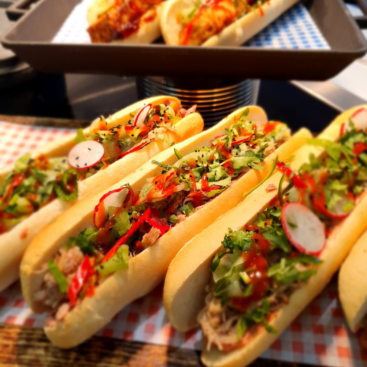 Wharf_Kitchen's tweet photo. Vietnamese inspired food today featuring on our menu. Pork Bahn Mi with chilli sauce &amp; pickled cucumber. Deeeelicious! #cookingforkeyworkers #cookedwithpassion #bahnmi #stillgoingstrong #welovethisbusiness @baxterstorey  @DannyWaistell https://t.co/f8Ho94SbbH