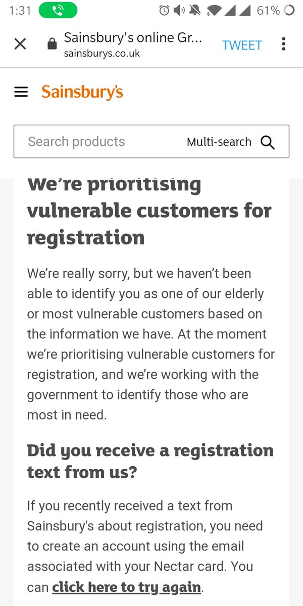 cupitt92's tweet photo. @sainsburys we've registered my grandad as vulnerable and got a successful text yesterday morning and tried to log in with his nectar email and it just takes us to this  how do we resolve this? If I click to try again... It takes me back here. https://t.co/2AUrYS8AOB