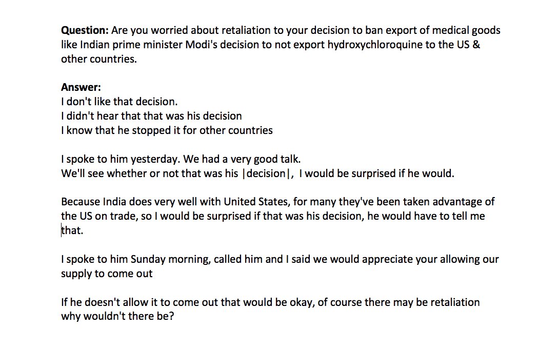 Indian twitter gets it completely wrong. Major Misunderstanding of TRUMP comment about Retaliation. Here's the transcript of the full exchange  #Retaliation  #Indo-US  #Trump