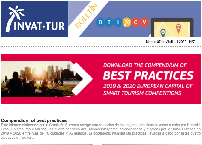 GVAinvattur's tweet photo. Atención, un nuevo Boletín sobre #destinosinteligentes - #DTICV a vuestra disposición. 

Compendium of EU Best practices, sostenibilidad, sistemas de información e innovación, son los principales temas: https://t.co/fKDlkSEcEI

#Quédateencasa y #PrepárateparaVolver https://t.co/tLSc5Ks5NR