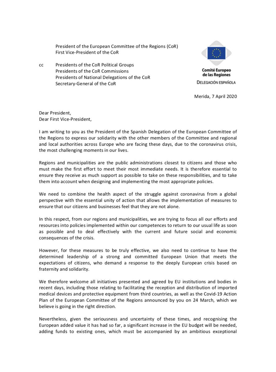 JuntaEx_Europa's tweet photo. What are the Spanish regions asking the president of the CoR @EU_CoR 🇪🇺 for? Here you can find the letter sent by the Spanish Delegation 🇪🇸(led by the president of @Junta_Ex @GFVara) https://t.co/dDRs6jU0NE