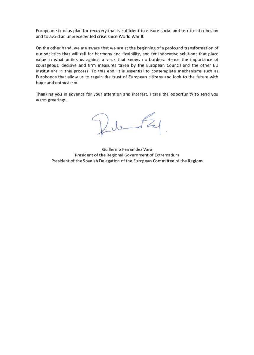 What are the Spanish regions asking the president of the CoR <a href="/EU_CoR/">European Committee of the Regions</a> 🇪🇺 for? Here you can find the letter sent by the Spanish Delegation 🇪🇸(led by the president of <a href="/Junta_Ex/">Junta de Extremadura</a> <a href="/GFVara/">Guillermo Fdez Vara</a>)