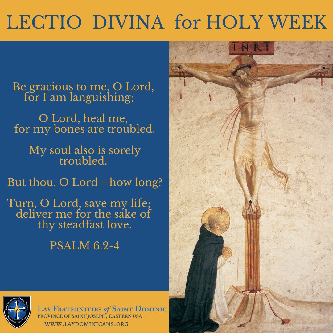 OPLaityEast's tweet photo. This Holy Week we can pray the seven penitential psalms (6, 31, 37, 50, 101, 129) to meditate on the mysteries of the Passion of Christ. Try to spend 20 minutes in Lectio Divina (Sacred Reading) today, and consider this verse from Psalm 6. #oplaity #laydominicans https://t.co/glDpk3apMn