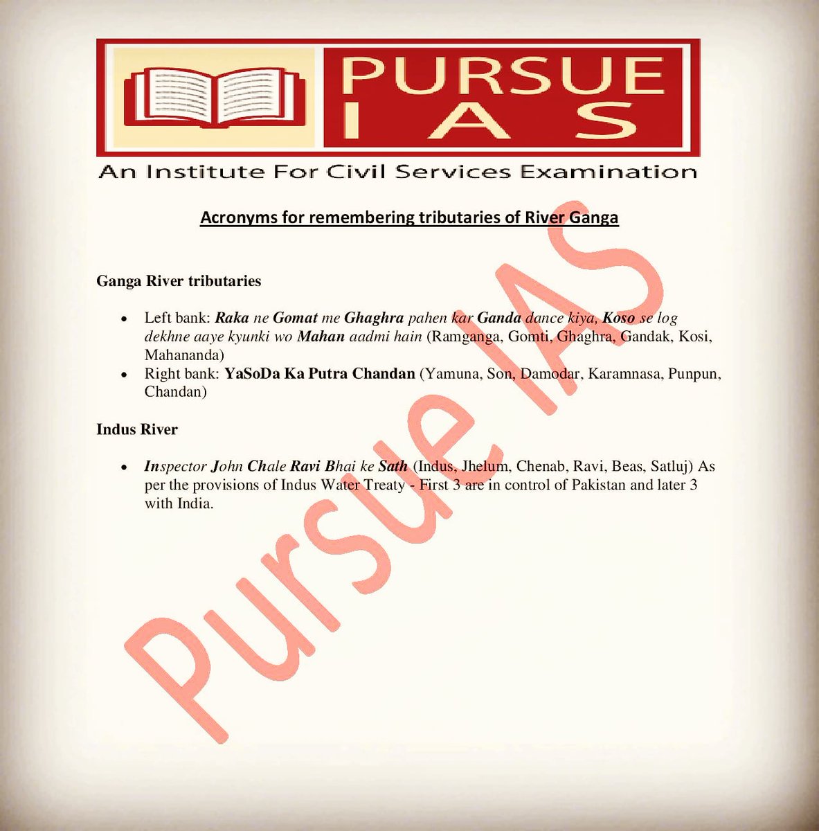 pursue_ias's tweet photo. Acronyms for remembering the tributaries of River Ganga and Indus
#pursueias #upsc #ias #civilservices #ips #upsccoaching #iascoaching #civilservicescoaching #ipscoaching #indiangeography #geographyofindia #indianrivers #riversofindia #ganga #indus #riverganga #riverindus https://t.co/Xp1Bd7VnGK