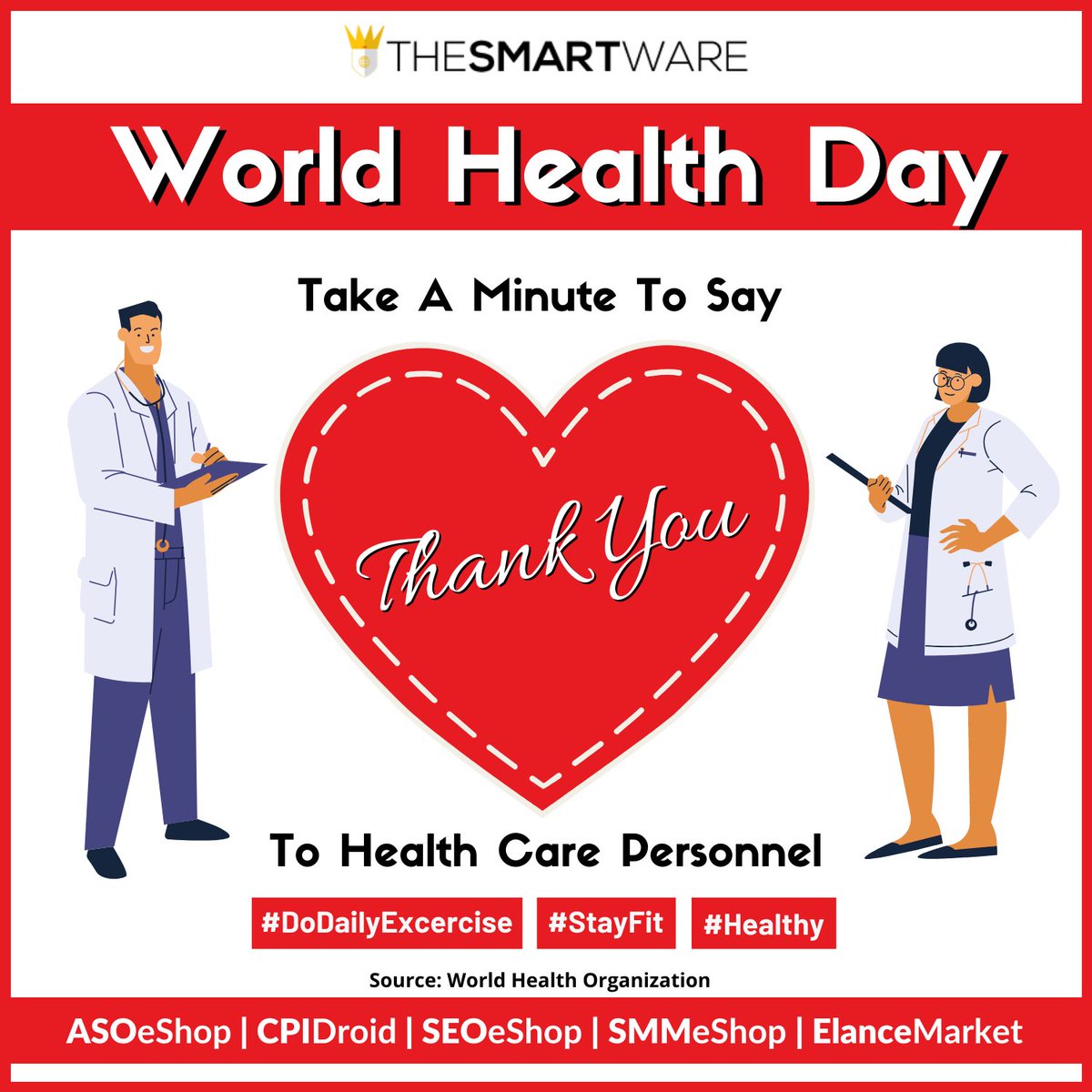 SmartXaaS's tweet image. 7 April 2020 is the day to celebrate the work of Health Care Personnel and remind world leaders of the critical role they play in keeping the world healthy.
.
.
.
#TheSmartWare #wordhealthday #StayFit #StayAtHome #COVID19 #CoronaWarriors #StopTheSpread #Delhi #CoronavirusLockdown