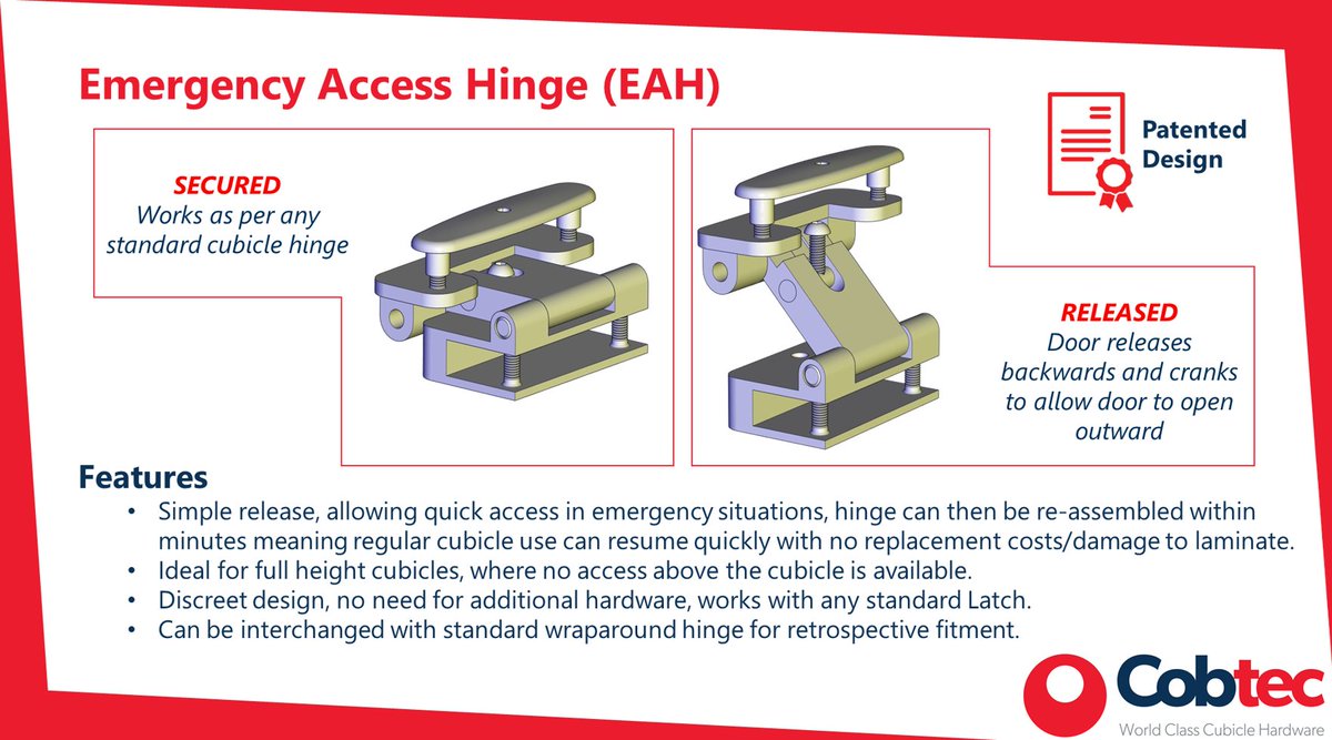Cobtec_'s tweet photo. NEW PRODUCT - EMERGENCY ACCESS HINGE

Announcing the new emergency access hinge, our patented design that allows inward opening cubicles to open outwards in case of emergency.

For more email: cobtec@bignall.co.uk

#newproduct #productlaunch #cubicle #hardware #cubiclehardware https://t.co/CO3KoJryA5