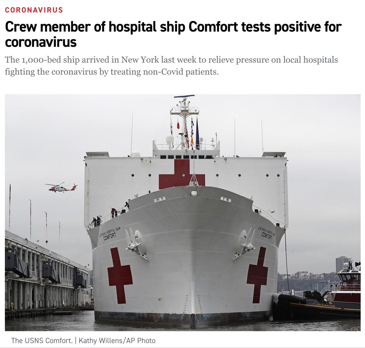 Update: despite the Navy's extraordinary efforts to keep its Manhattan hospital ship free of sick people, someone on board has gotten coronavirus.