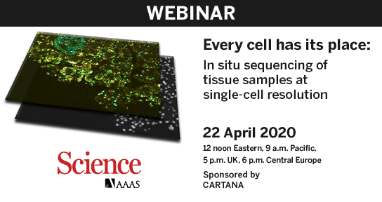 CARTANAbio's tweet photo. Join our @SciMagWebinars webinars to hear from our Head of R&amp;D, Malte Kuhnemund, and @BrtDeStrooper on how our #InSituSequencing technology can complement other technologies. Register here: https://t.co/cRHQUT61xx
#Spatial #singlecell https://t.co/UsLk0VWizx