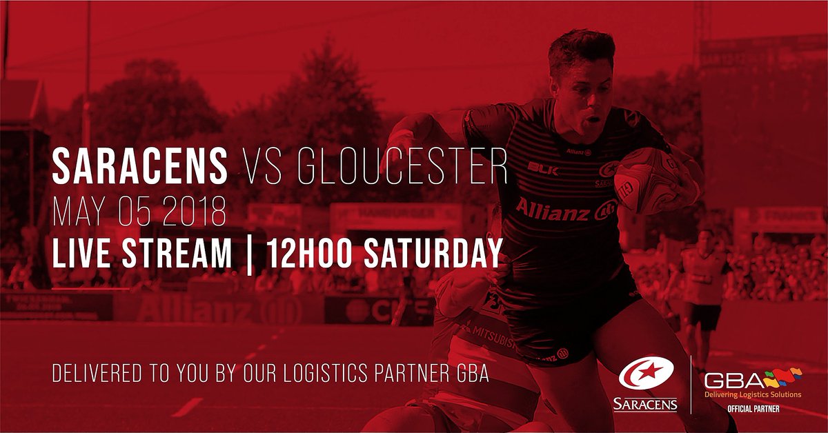 Saracens's tweet photo. This Saturday we have a lunchtime live stream for you to enjoy...

Saracens vs Gloucester - the final match of the 2017/18 regular campaign!

��� Saturday 11th April
⏰ 12H00
💻 https://t.co/iqmihDiRyH
🏉 Delivered to you by our logistics partner GBA

#TogetherSaracens ⚫🔴 https://t.co/AmPLCGzMzm