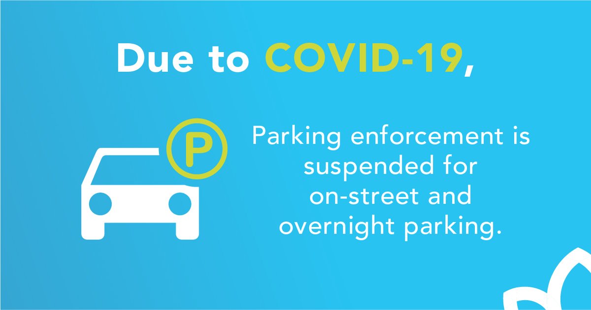 Parking enforcement is currently limited to safety-related issues (fire routes, obstructing fire hydrants, accessible parking, no parking/stopping areas, blocked driveways, etc).  ⌛Time limit restrictions have been relaxed to help those working from home or self-isolating.