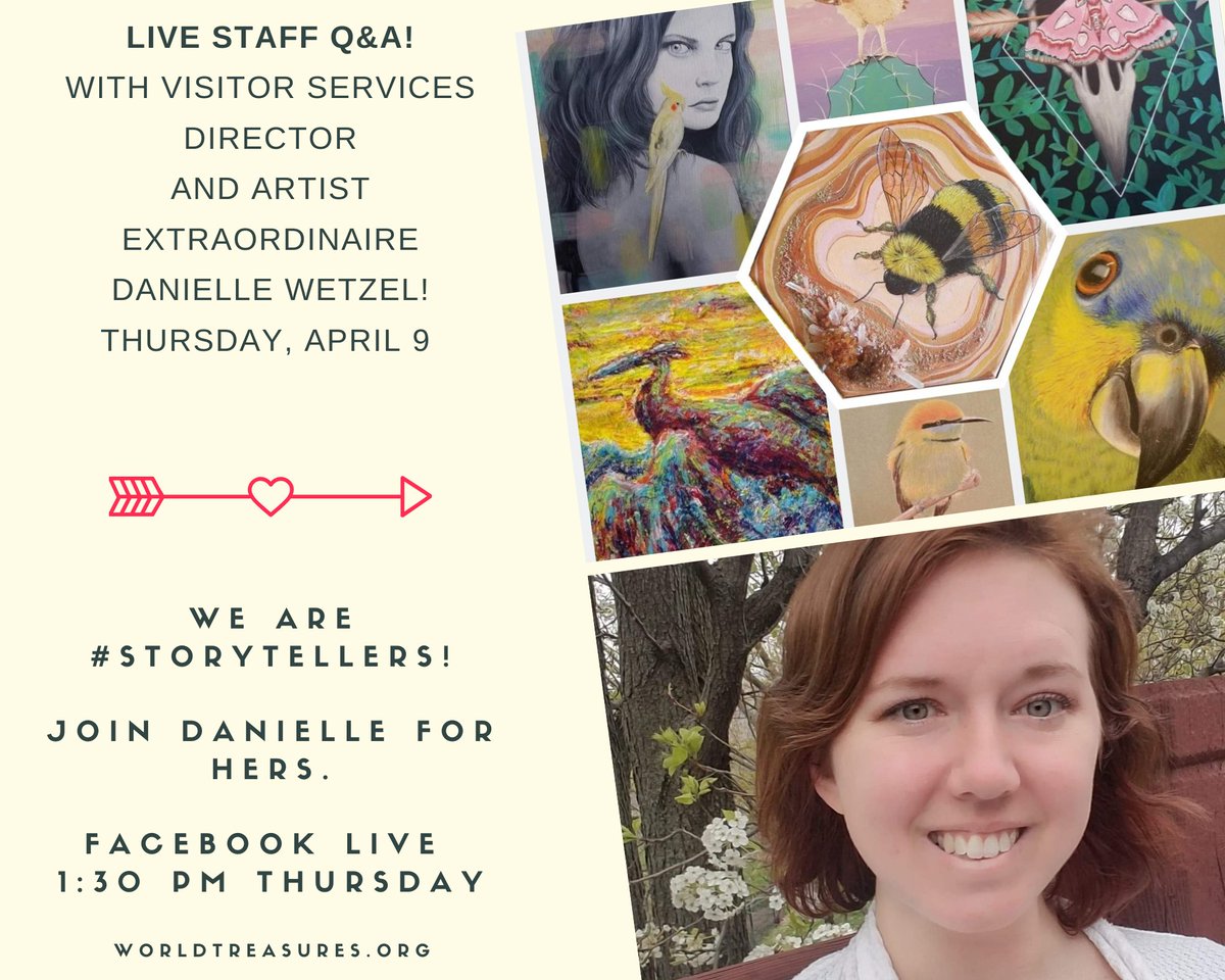 WorldTreasures's tweet photo. Don't miss this Facebook LIVE! Meet Danielle Wetzel as she paints and tells stories from her own home studio!
Join in Thursday at 1:30 pm for stories and art! Drop a question or just hang out and watch her create!
#closedandcreating #mowt #Storytellers #ICTlife #Museums https://t.co/TaXnhpHhW1
