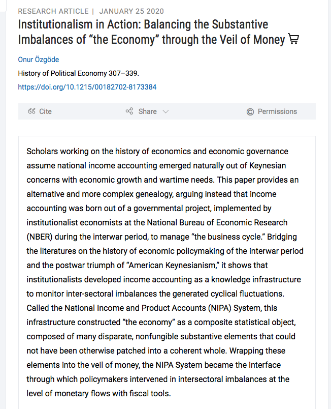 Why do we have an econ indicator such as GDP? Most assume GNP, GDP's predecessor, was invented to measure economic growth.My new paper, Institutionalism in Action, shows it was constructed by business cycle economists to balance intersectoral imbalances in the interwar period