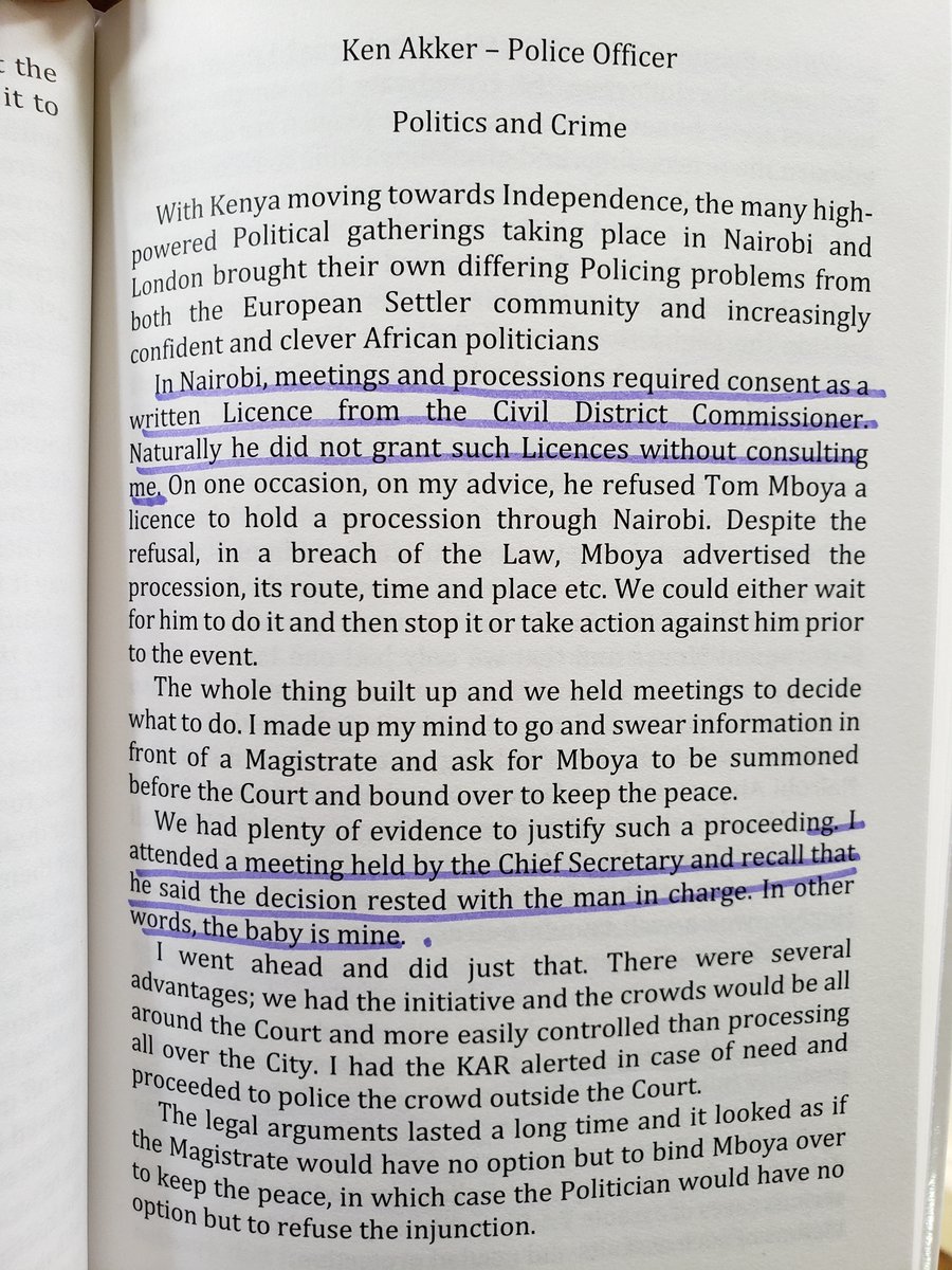 Here is Ken Akker who served as an Assistant  #KenyaPoliceForce Commissioner as Kenya neared independence. In his writings, he calls Tom Mboya a"bright boy" and wonders why Makadara hall was built? It was built in the African location to avoid interfering with white settlers life.