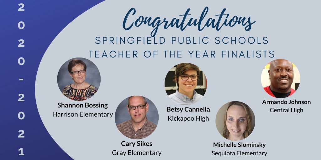 officialSPS's tweet photo. Congrats to 5 outstanding educators on being named finalists for SPS 2020-2021 Teacher of the Year. @ShannonBossing @DHElementary @mmslominsky @Sequiota @ArmandoJohnson @CentralBulldog @CarySikes @GrayElementary Betsy Cannella @KickapooChiefs https://t.co/1CVoDDb9UM