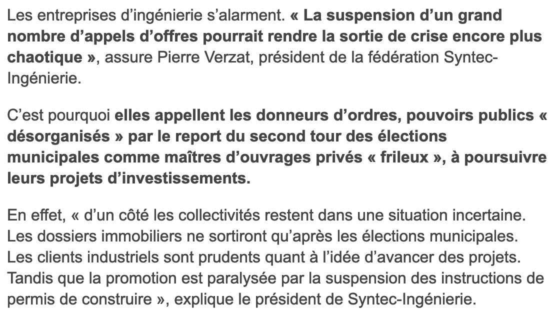 Syntec_Inge's tweet photo. [A LIRE @Le_Moniteur]
#COVIDー19 «Il en va de la responsabilité des donneurs d’ordre de maintenir l’économie de la filière» @PierreVerzat  
  
Nous appelons les donneurs d’ordres publics et privés à maintenir leurs #projets d’#investissement

📖https://t.co/kVAwUJm2Kg
#ingénierie https://t.co/GvpbpNnfh0