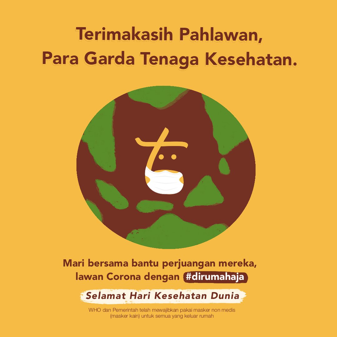 bantuternak's tweet photo. Lekas sembuh ya, bumiku. Kami semua rindu.⁣⁣
⁣⁣
Yuk, bantu perjuangan mereka melawan corona dengan cara #dirumahaja. Jika terpaksanya kamu keluar rumah, jangan lupa pakai masker, ya 😊⁣⁣
⁣⁣
Minter aja udah pakai masker, kamu?⁣ ⁣

#thankshealthheroes #worldhealthday https://t.co/R3TxvI2yLQ