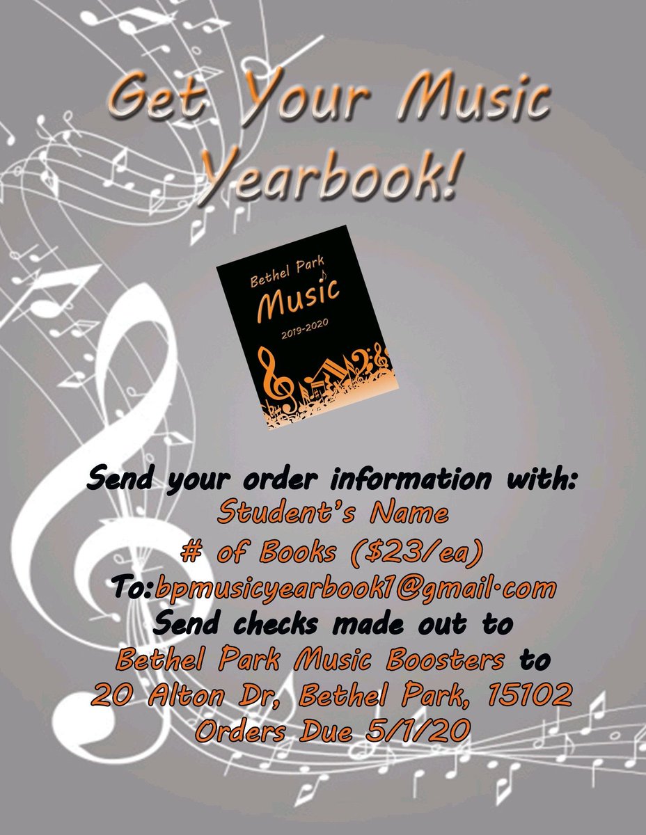 bpmusicboosters's tweet photo. Here are your details for ordering this year's Bethel Park Music Yearbook! Order by 5/1! https://t.co/sFbWZ8Uux1