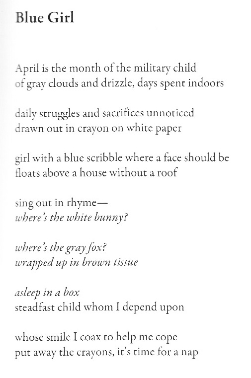 . @LisaSticePoet's  #warpoetry explores distances among mother + daughter & deployed father. She often quotes children's books ... and Sun Tzu! April is Month of the Military Child ( #momc) &  #NationalPoetryMonth. From her "Permanent Change of Station":  https://amzn.to/2qauVO8  7/n