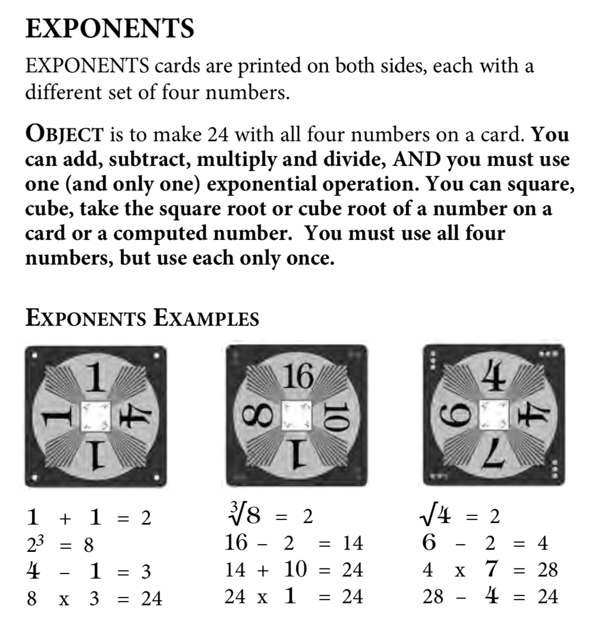 24 Game Did You Know We Have 24game Exponents Cards You Can Distinguish It From A Singledigits Card By The Symbols Inside The Center Square Can You Solve This One