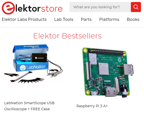 Elektor's tweet photo. Need #electronics components, kits, and tools? Elektor's bestsellers: #LabNation #SmartScope USB #Oscilloscope; #RPi; "IoT Home Hacks"; and #WeMos D1 Mini Pro. Head over to https://t.co/Di2RuEGrdX.  #electronics #DIYelectronics #maker #makerpro https://t.co/TSOOr65Cs3