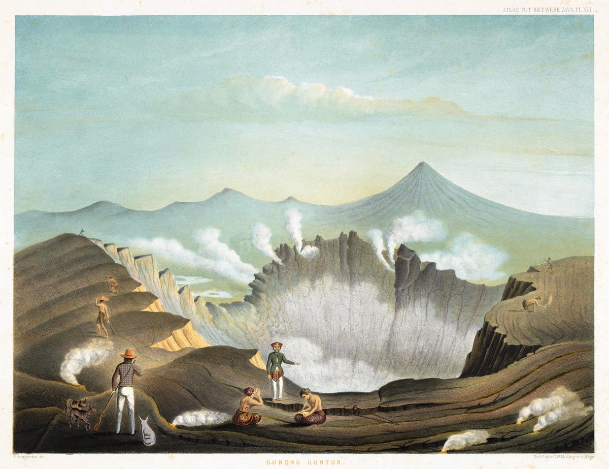 potretlawas's tweet image. Kawah dan puncak gunung² di sekitar tanah Priangan: Guntur, Patuha, Gede.
Litografi karya F.W. Junghuhn dalam seri Atlas tot het werk Java. Cetakan C.W. Mieling, 1854.