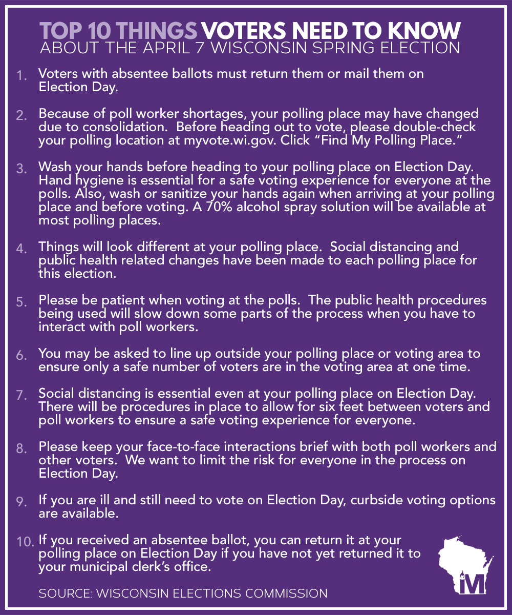 MarsysLawforWI's tweet photo. Polls are open in #Wisconsin. Here are the top 10 things you need to know about casting your vote in the Wisconsin Spring Election.
🚨 REMINDER: All absentee ballots must be postmarked or returned by TODAY if you are not voting in person! #ElectionDay #MLWI https://t.co/vYK1sOn9Ed