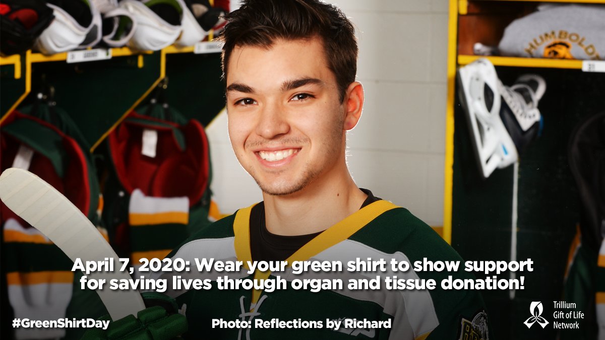 TrilliumGift's tweet photo. On April 7, 2018, #LoganBoulet succumbed to injuries resulting from the #HumboldtBroncos bus crash. He became an organ donor &amp; saved 6 lives. Join Canadians on April 7, 2020 and wear a green shirt to honour Logan and support organ and tissue donation! #greenshirtday #beadonor https://t.co/Y0ggXlCTCF