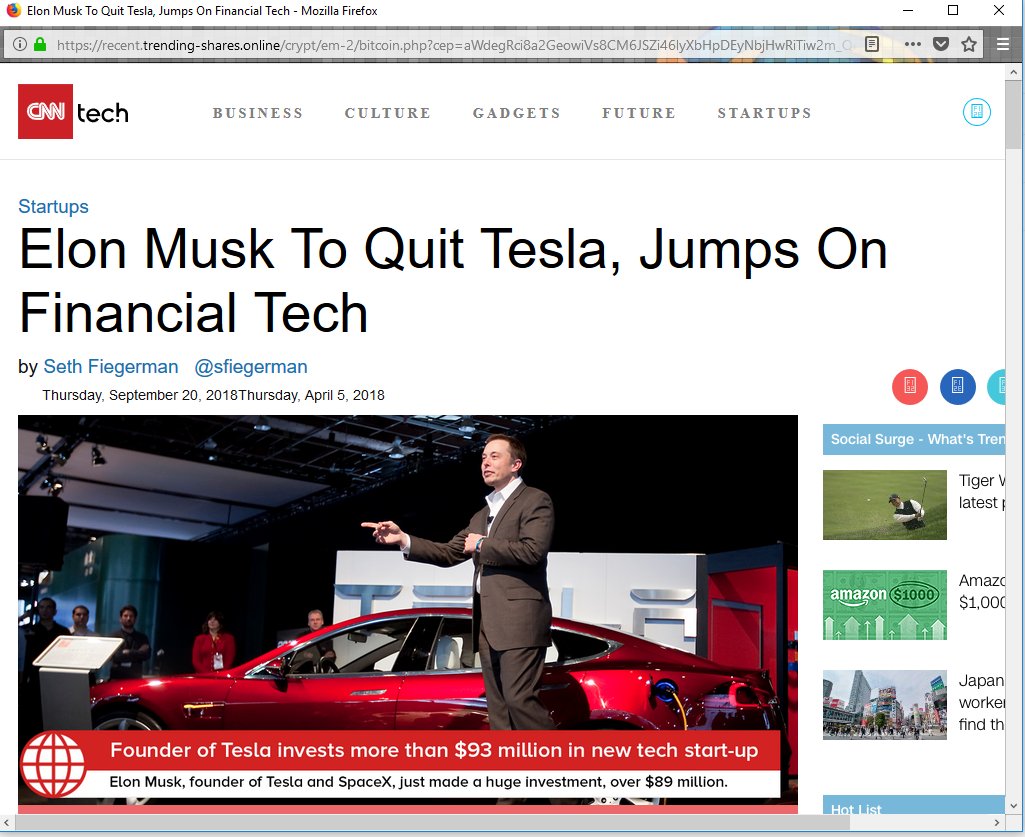 5/8 Padlocks/a website being ‘secure’ doesn’t mean that it's reliable.  @elonmusk had this story written about him on this website pretending to be  @CNN. But the story is fake and the website is a fraud - it’s not  @cnntech’s website, check the URL 