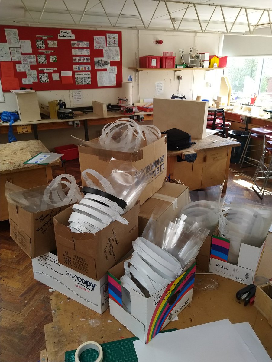 DTsandringham's tweet photo. Phew, 128 visors made by the team, a huge achievement which deserves a shout out to Mrs Holmes, Mrs Flahive and Mr Bloomfield. Thank you for all of your help today. They are currently being delivered around the surrounding area. @SandringhamSch1 #DTrocks #ThankYouNHS @Kitronik https://t.co/bKPUrIx3nL