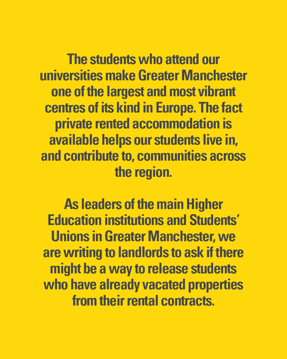 TheUnionMMU's tweet image. Today the Universities in Greater Manchester and their Students’ Unions are appealing to private landlords to follow our University’s lead and release their student tenants from their contracts early and to relieve them from third-term rents⁣
⁣
theunionmmu.org/articles/open-…