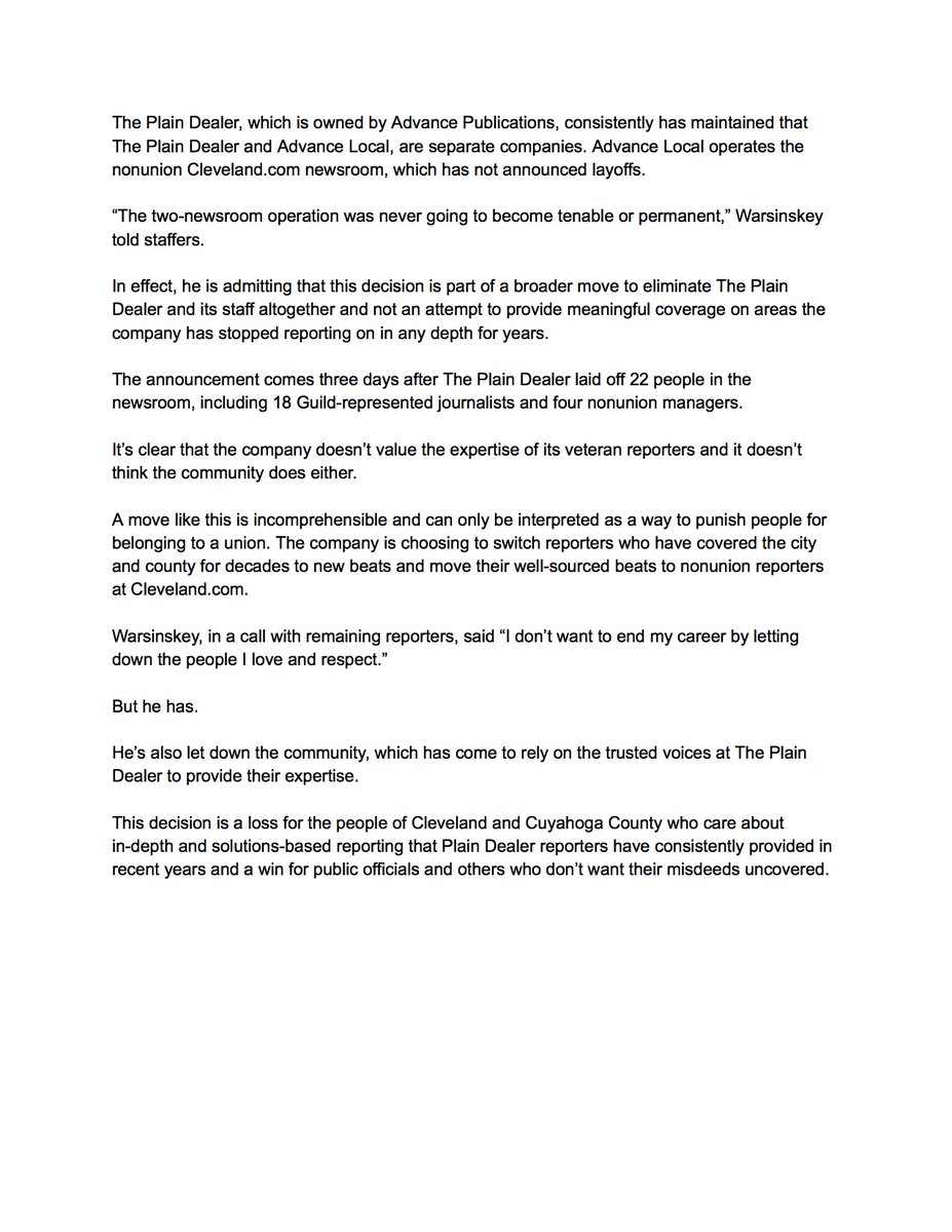 Statement by the Northeast Ohio Newspaper Guild Local 1:
<a href="/ThePlainDealer/">The Plain Dealer</a> newsroom will no longer be covering Cleveland, Cuyahoga County or the state of Ohio. Editor @TimsTakeCLE said the newsroom would, with a few exceptions, become a bureau covering five outlying counties.