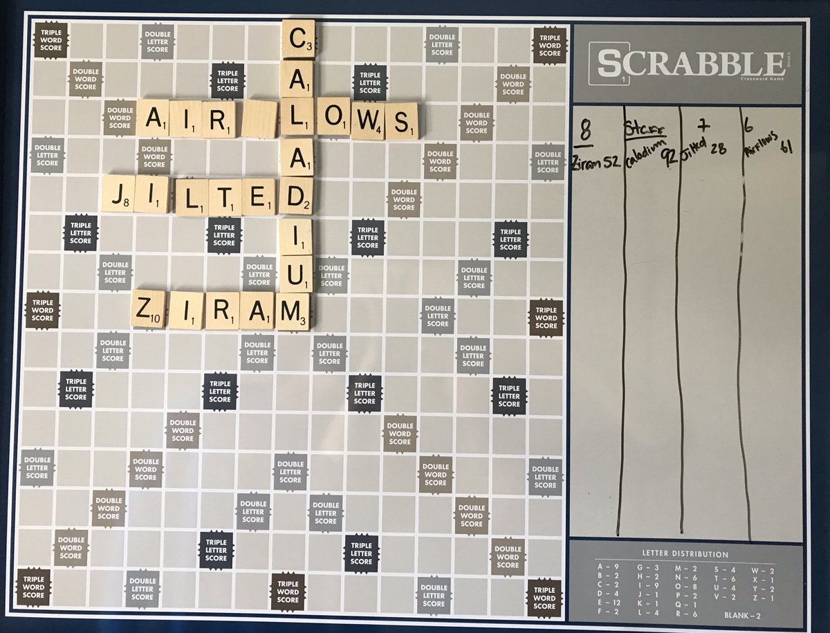 Social distancing Scrabble is off to a strong start! 8th grade, round 2, your turn! Check Canvas Lunch discussions for your letters.