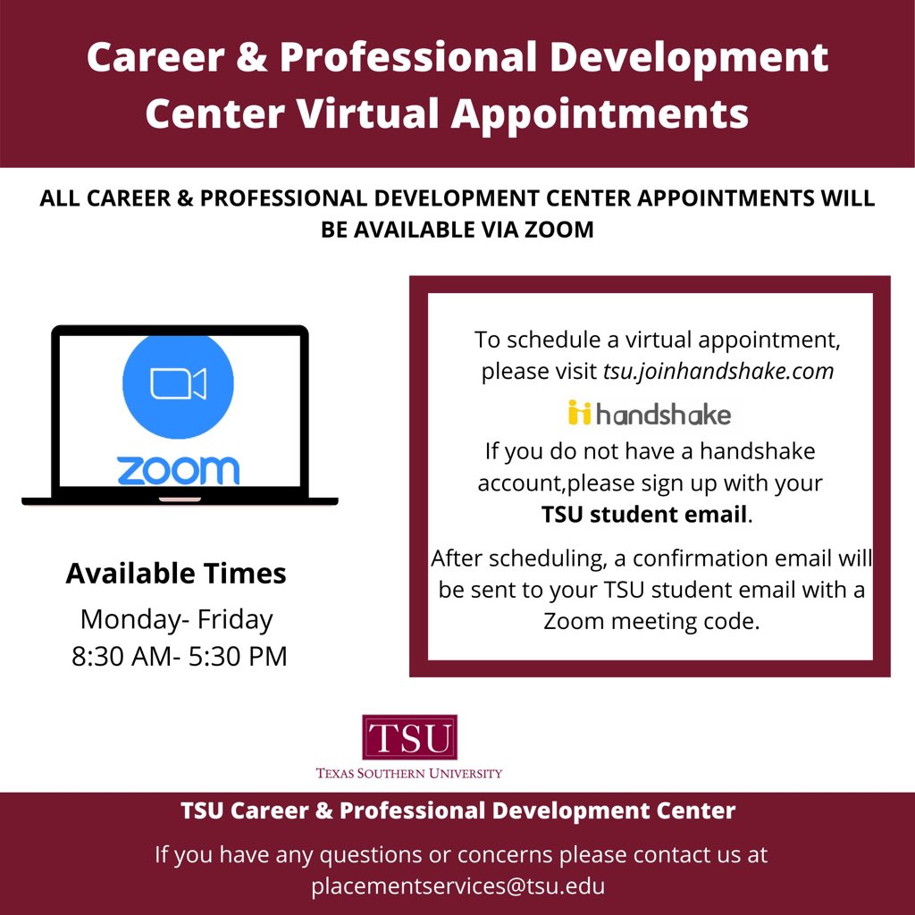 TSUCareerCenter's tweet photo. 🐯The Career Center is OPEN to all Tigers
⬆️click the link in our bio to schedule an appointment with our office using our Handshake platform!
#TXSU #texassouthernuniversity #TSUProud #TSUStrong https://t.co/zTXFJZZVGp